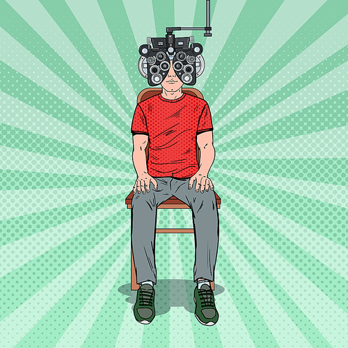 Pop Art Man Patient at Optometric Clinic with Optical Phoropter. Eye Diagnostics. Vector illustration