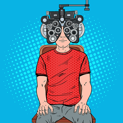 Pop Art Man Patient at Optometric Clinic with Optical Phoropter. Eye Examination. Vector illustration