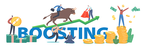 Boosting Concept. People Trading on Bull Stock Market. Brokers or Traders Characters Analyse Global Fond and Finance for Buying and Selling Bonds Poster, Banner, Flyer. Cartoon Vector Illustration