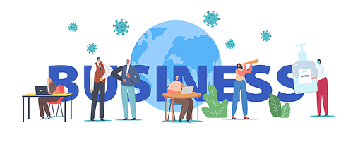 Business during Coronavirus Concept. Business People Working in Office near Earth Globe with Flying Virus Cells, Characters Use Sanitizers, New Reality Poster Banner Flyer. Cartoon Vector Illustration