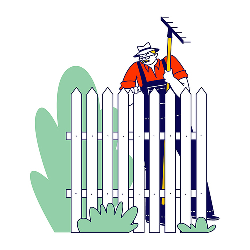 Senior Male Character Wearing Overalls and Panama Hat with Rake in Hands Stand at Fence with Sullen Face Expression. Cottager or Summer Resident Voyeur, Angry Neighbor. Linear Vector Illustration