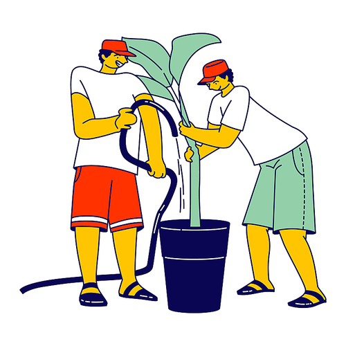 Workers Characters Watering Palm Trees on Banana Plantation in Tropical Country. Labours Working Hard Growing, Care and Harvesting Fruits for Distribution Abroad. Linear People Vector Illustration