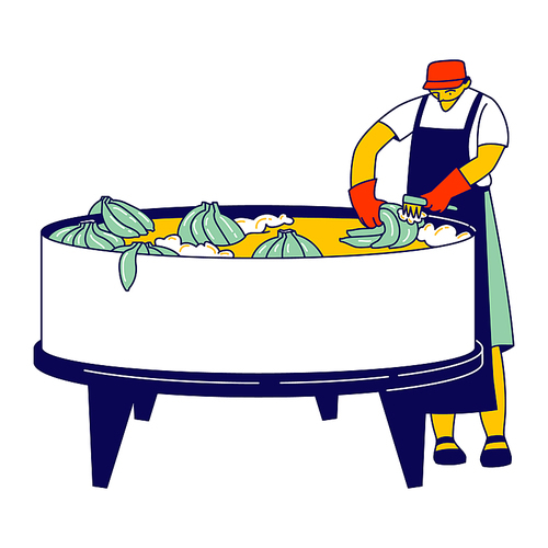 Worker in Apron Washing Collected Ripe Banana Bunches on Tropical Plantation. Labour Character Working Hard Growing, Care and Harvesting Fruits for Distribution Abroad. Linear Vector Illustration