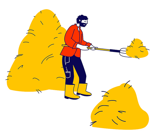 Farmer Holding Pitchfork and Sticking it into Haystack. Villager Work at Summertime in Village or Farm Harvesting and Raking Hay in Sheaf, Agriculture Cartoon Flat Vector Illustration, Line Art