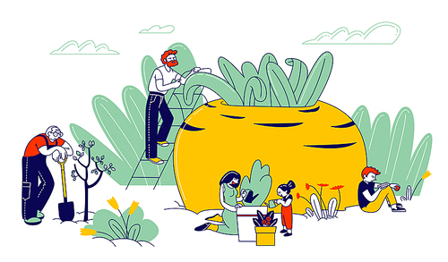 Gardening Hobby, Farmers or Gardeners Family with Kids Planting and Caring of Trees and Plants. Happy Characters Working in Garden Watering, Care of Flowers, Cartoon Flat Vector Illustration, Line Art