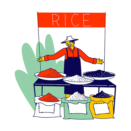 Friendly Seller Character Inviting to Buy Rice in his Stand on Asian Market. Thailand or Chinese Man Presenting Crop of Cereals on Outdoor Fair, Plates and Sacks with Rice. Linear Vector Illustration