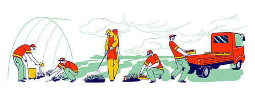 Strawberry Farm Workers Care, Picking and Loading Fresh Berries for Distribution. Immigrants or Volunteers Characters Fertilizing and Growing Strawberry on Field. Linear People Vector Illustration