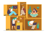 Isolation or Introversion Concept. Introvert Male Female Characters inside of Tiny Cramped Room. People in Small Box Businessman, Housewife, Student and Freelancer. Cartoon People Vector Illustration