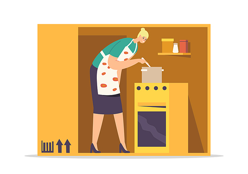 Isolation or Introversion Concept. Female Character Cooking Meal inside of Cramped Room. Woman on Tiny Kitchen, Housewife Introvert, Covid Lockdown or Loneliness. Cartoon People Vector Illustration