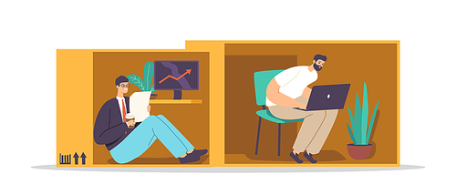 Male Characters inside of Tiny Cramped Room. Introvert People in Small Box Businessman, Student or Freelancer Work Distant on Computer. Isolation or Introversion Concept. Cartoon Vector Illustration