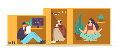 People in Cramped Room, Isolation, Introversion Concept. Introvert Male and Female Characters inside of Small Boxes, Businessman, Student and Girl Meditate, Work or Study. Cartoon Vector Illustration