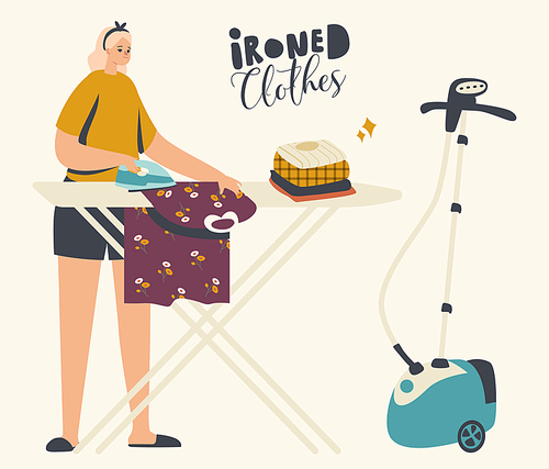 Housewife Character Ironing Clean Linen at Home. Young Woman Every Day Domestic Routine, Washing Clothes and Iron on Board. Housekeeping Female Character Home Work Duties. Linear Vector Illustration
