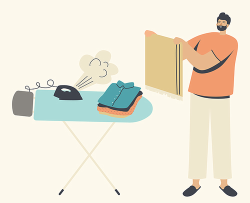 Man Ironing Clothing. Household Male Character Housekeeping Process Concept. Everyday Routine, Domestic Duties and Chores, Houseworking, Everyday Routine, Clothes Care. Linear Vector Illustration
