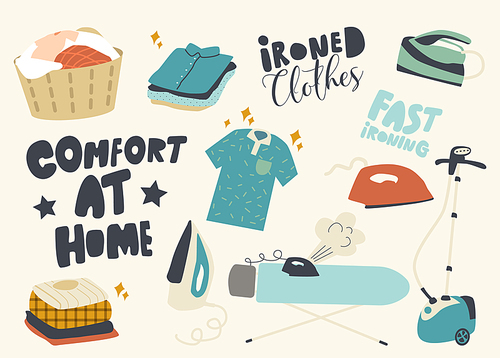 Set of Icons Ironing Clothes Theme. Basket with Clean Linen, Pure Clothing, Steamer and Iron with Ironed Apparel. Home Duties and Domestic Chores, Hygiene, Housework. Linear Vector Illustration