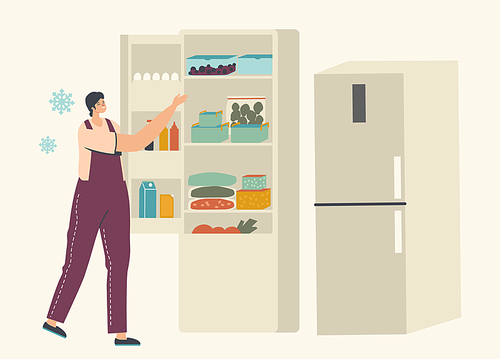 Young Woman Stand near Open Refrigerator with Packages of Frozen Vegetables and Containers with Iced Berries. Female Character Eat Healthy Food, Vitamin and Eco Products. Linear Vector Illustration