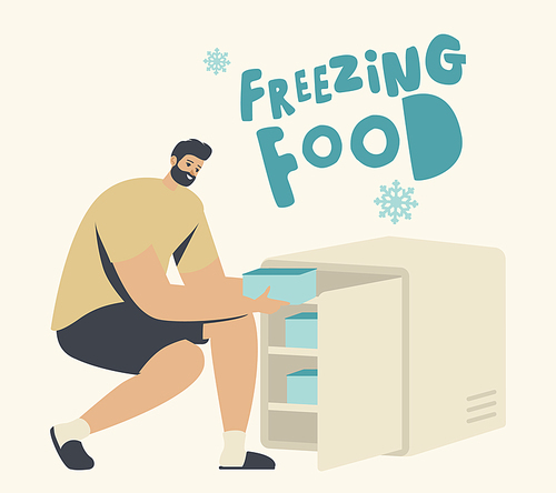 Male Character Put Plastic Containers with Vegetables or Products into Small Fridge or Freezer. Refrigerator for Freezing Food, Refrigeration, Fresh Meals Keeping Concept. Linear Vector Illustration