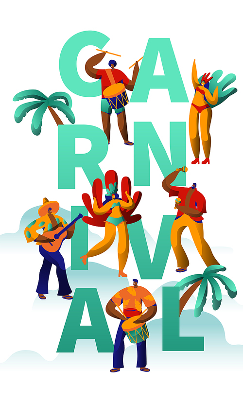 Exotic Carnival Party Character Dance Typography Poster. Man Woman Dancer at Brazilian Ethnic Festival Banner Template. Holiday Costume People Card Concept Flat Cartoon Vector Illustration