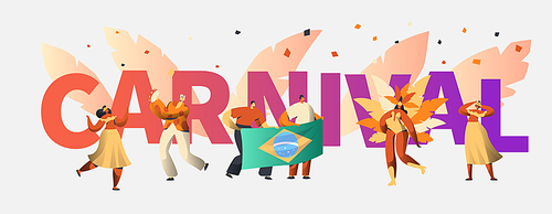 Brazil Carnival Party Character Dancer Poster Typography. Man Woman Dance at Brazilian Holiday Music Festival Banner Design. Exotic Celebration Flat Cartoon Vector Illustration