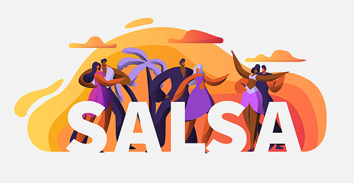 Salsa Party Dancer Character Typography Poster Template. Passion Cuba Dance. Latin Man Woman Tango and Rumba Art Master Concept for Printable Advertising Banner. Vector illustration