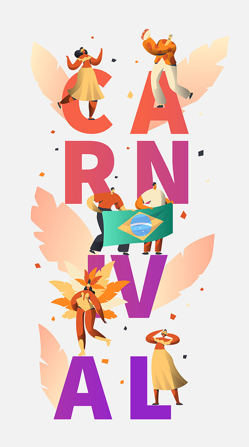 Brazil Carnival Party Character Dancer Poster Typography. Man Woman Dance at Brazilian Holiday Music Festival Banner Design. Exotic Celebration Flat Cartoon Vector Illustration