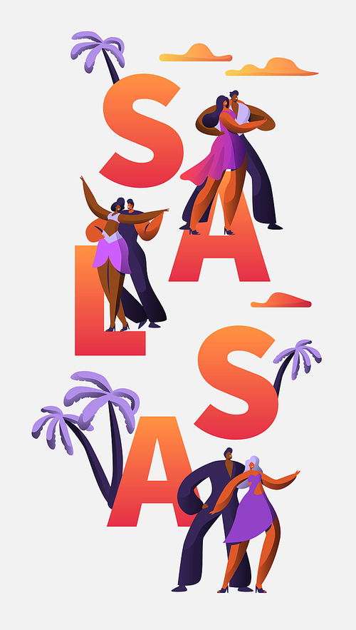 Salsa Festival Character Dance Typography Vertical Banner Template. Passion Cuba Dancer. Latino Man Woman make Tango and Rumba Entertainment Concept for Printable Advertising Banner. Vector illustration