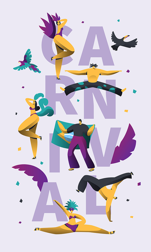 Brazil Carnival Vertical Typography Banner. Brazilian Party Character on Colorful Print Poster Template. Latino Exotic Costume Festival Postcard Flat Cartoon Vector Illustration