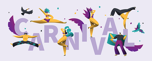 Brazilian Carnival Horizontal Typography Poster. Brazil Party People on Colorful Print Banner Template. Latino Exotic Costume Music Festival Advertising Card Flat Cartoon Vector Illustration