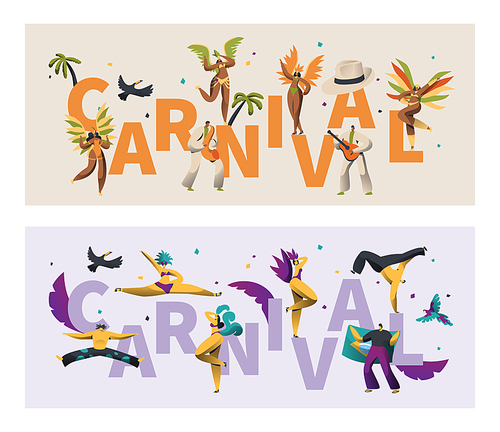 Brazil Feather Costume Carnival Typography Banner Set. Wing Bikini Woman Dance Latino Parade. Man Play Tropical Music for Rio Festival Poster Print Design Flat Cartoon Vector Illustration