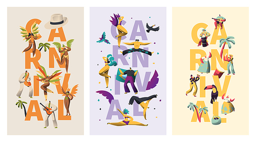 Brazil Carnival Exotic Character Typography Banner Set. Feather Bikini Latino Woman Dance Colorful Parade. Man Play Latin Music for Rio Vivid Festival Vertical Poster Design Flat Vector Illustration