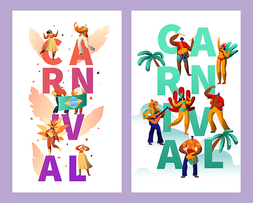 Brazilian Carnival Character Typography Poster Set. Feather Bikini Woman Dance Tropical Summer Rumba. Man Play Guitar for Happy Cabare Festival Vertical Banner Design Flat Cartoon Vector Illustration
