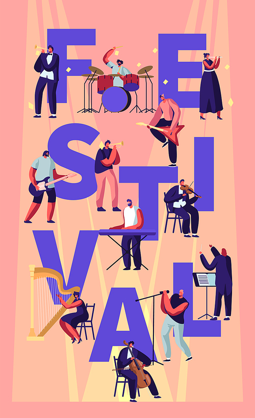 Musical Festival Concept with Musicians Playing Classical and Rock Instruments Performing on Stage. Music Concert and Culture Activity Poster Banner Flyer Brochure. Cartoon Flat Vector Illustration