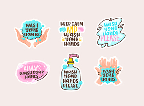 Wash your Hands Cartoon Stickers with Doodle Lettering, Clean Human Palms and Soap Bar with Bottle and Water Spot. Disease Prevention, Hygiene Design Elements. Vector Illustration, Icons Collection