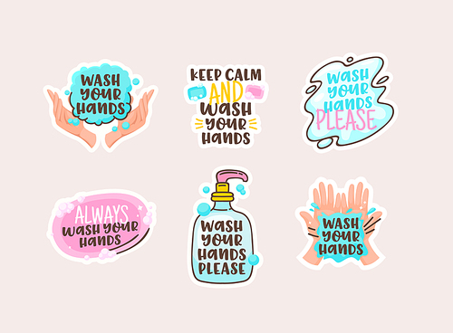 Wash your Hands Cartoon Stickers with Doodle Lettering, Clean Human Palms and Soap Bar with Bottle and Water Spot. Disease Prevention, Hygiene Design Elements. Vector Illustration, Icons Collection