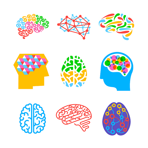 Set of Human Brains Isolated on White Background. Collection of Icons or Emblems for Thinking Activity, Creative Idea Generation. Memory, Concentration Design Elements. Cartoon Vector Illustration