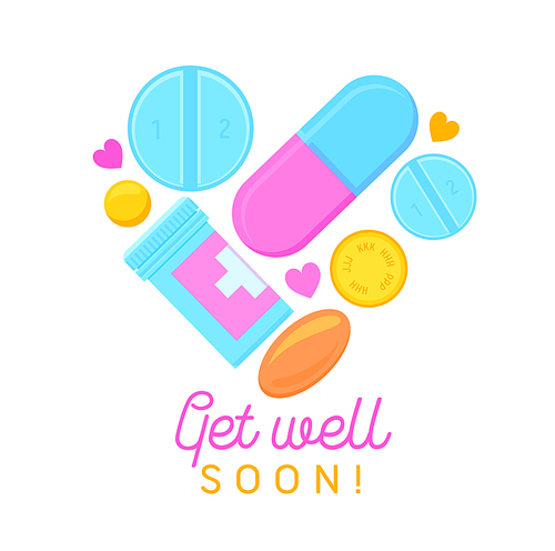 Get Well Soon Banner with Cartoon Pills, Medicine Tablets and Hand Written Typography. Wish Health to Friend Isolated on White Background. Card, Badge of Simple Design. Cartoon Vector Illustration