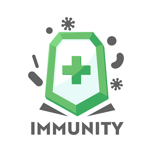Immunity Logo for Healthcare Service, Health Care Defence Icon Medical Shield against Bacterial Attack. Healthy Body Concept, Disease Prevention Banner, Safety Treatment. Cartoon Vector Illustration