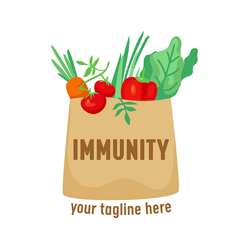 Immunity Logo with Healthy Products in Paper Shopping Bag. Healthcare Service Icon, Health Safety, Care and Defence Concept, Banner for Human Health and Nutrition. Cartoon Vector Illustration