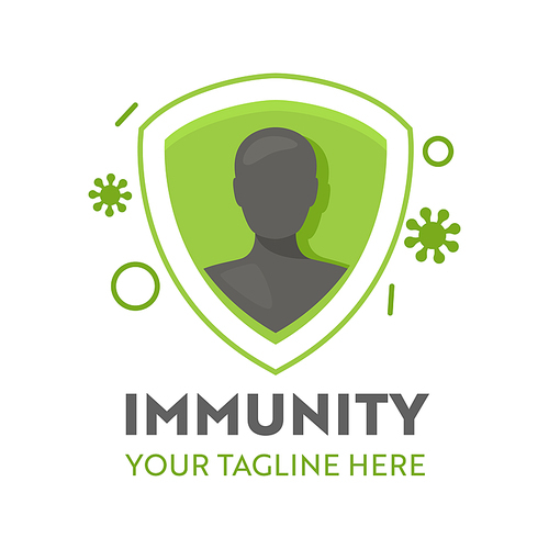 Human Silhouette inside of Immunity Shield and Virus Cells Attack Healthcare Logo or Icon. Health Care Defence, Healthy Body Concept, Disease Prevention, Treatment Banner. Cartoon Vector Illustration
