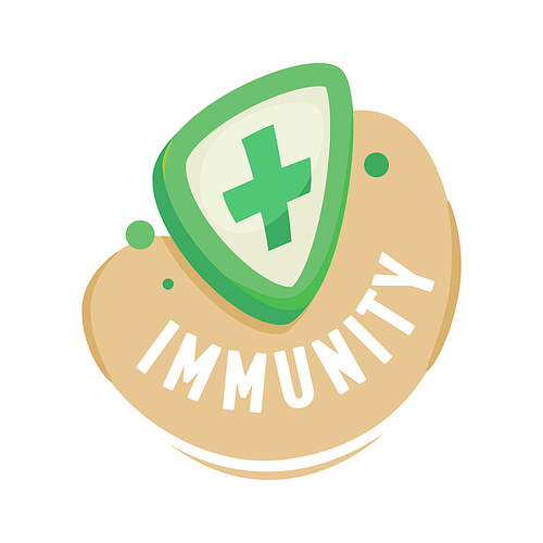 Immunity Logo with Medical Shield and Cross, Logotype for Healthcare Service. Health Care Defence Icon, Disease Prevention Banner, Bacterial Attack Safety and Treatment. Cartoon Vector Illustration