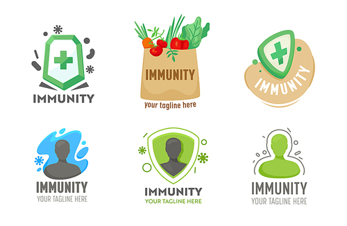 Set of Immunity Logo for Healthcare Service. , Health Care Icons Collection, Health Body Defence, Disease Prevention Banner, Safety against Infection Attack, Treatment. Cartoon Vector Illustration