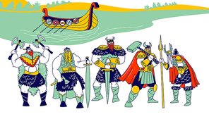 Vikings Male Characters Wearing Skins, Helmets with Horns and Holding Armor Swords and Axes Stand in Row on Sea or River Coastline with Rook Floating on Water. Linear People Vector Illustration