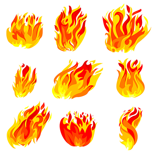 Fire, Torch Flame Icons Set Isolated on White Background. Burning Campfire or Candle Blaze Effect, Glow Orange and Yellow Shining Flare Design Element. Cartoon Vector Illustration, Animation, Clip Art