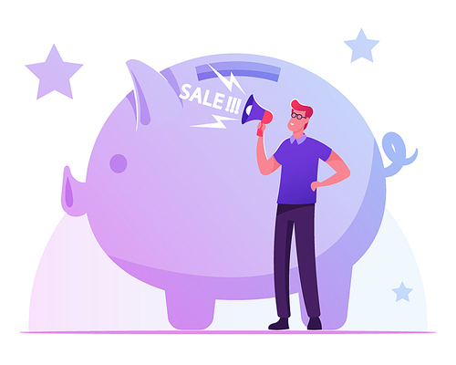Man Crying to Loudspeaker near Huge Piggy Bank Calling Customers for Total Sale in Store. Shopping Promotion, Announcement, Advertising and Loyalty Program Concept. Cartoon Flat Vector Illustration