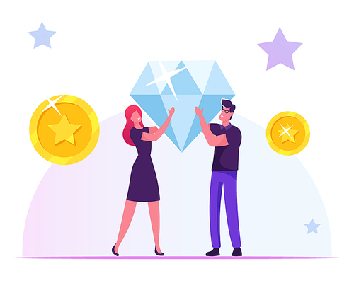 Loyalty Program for Regular Clients Concept. Man and Woman Hold Huge Brilliant in Hands with Golden Coins and Stars around. Purchase Benefit, Bonus System for Customer Cartoon Flat Vector Illustration