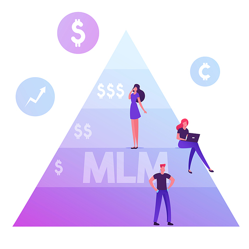 People Stand on MLM Pyramid. Multi Level Marketing Concept. Commercial Project Methods of Business Development, Hierarchy Scheme. Man with Empty Pockets, Women Working Cartoon Flat Vector Illustration