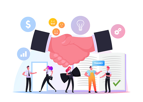 People Follow Business Etiquette. Businessmen and Businesswomen Wear Formal Suits, Shake Hands Starting Negotiations, Characters at Office, Partnership Teamwork Concept. Cartoon Vector Illustration