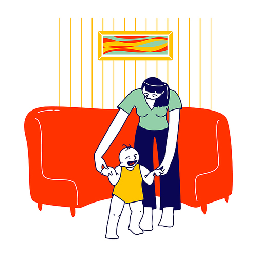 Baby Making First Step, Mother Holding Toddler Hands Teach to Walk. Parent and Child Characters Spare Time, Practicing Walking at Home. Happy Family Event Concept. Linear People Vector Illustration