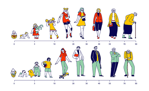 Male and Female Characters Life Cycle. Man and Woman in Different Ages Baby, Child, Teenager, Adult and Elderly Person in Row, Generation of People and Stages of Growing Up. Linear Vector Illustration