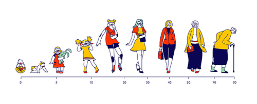 Female Character Life Cycle. Woman in Different Ages Newborn Baby, Toddler Child, Teenager, Adult and Elderly Person Stand in Row, People Generations, Stages of Growing Up. Linear Vector Illustration