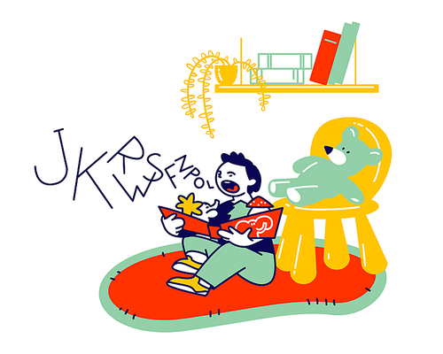 Little Boy Sitting on Floor Trying to Read Book. Logopedy Lesson, Kid Learning to Speak Correctly. Toddler with Dyslexia Practicing Pronunciation of Different Sounds Cartoon Flat Vector Illustration
